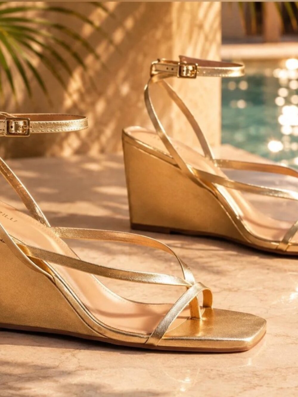 Anthropologie Maeve Gold Leather Strappy Wedge Heels Size 8 Square Toe